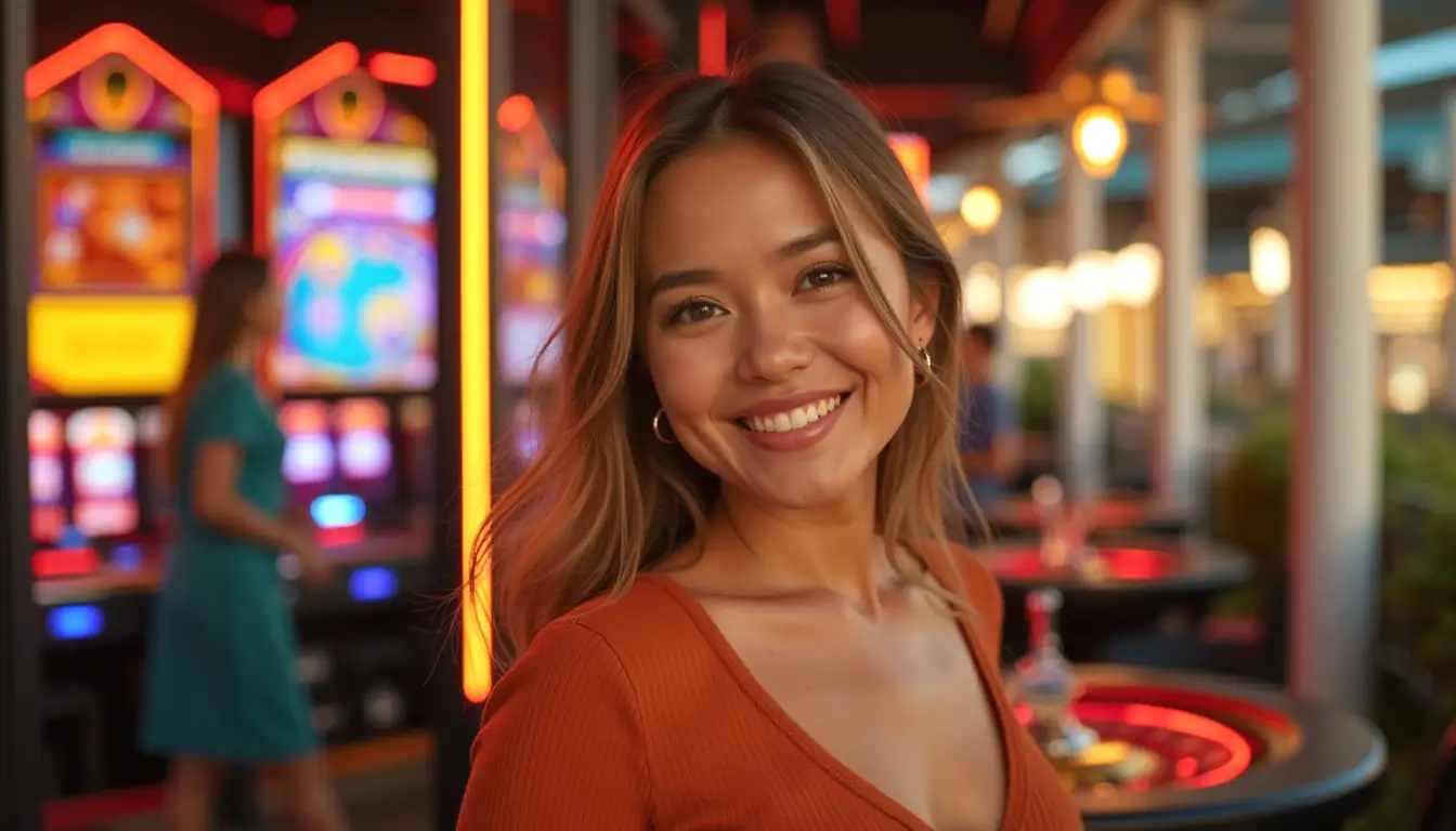 Inviting smiling woman on balcony with online pokies ambience behind