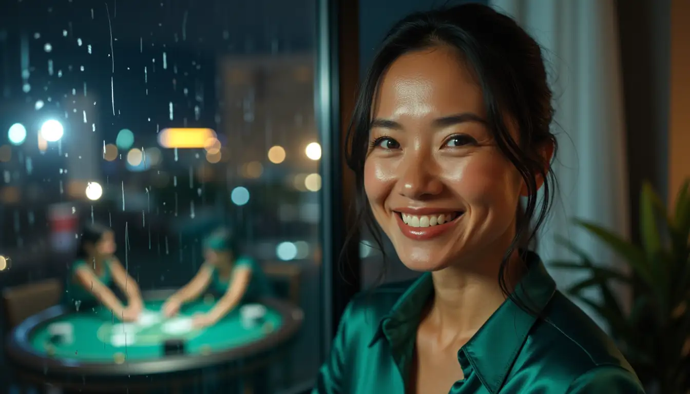 Smiling woman near window with payout timeline ambience in casino style background